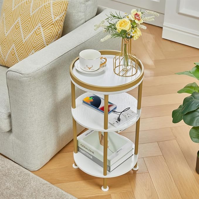 Small Round End Table with Charging Station, 3-Tier Accent Couch Beside Table with USB Ports & Power Outlets, Sofa Side Table for Living Room Small Nightstand Bedroom (USB Charger, White+Gold)