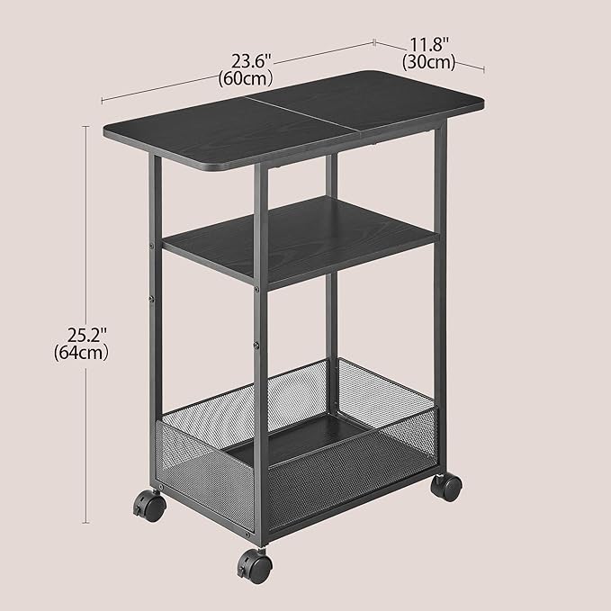 Side Table with Wheels, Narrow Side Table with 3-Layer Storage Shelves, Slim Nightstand, Metal Frame, for Small Spaces, Living Room, Bedroom, 23.6" D x 11.8" W x 25.2" H, Black