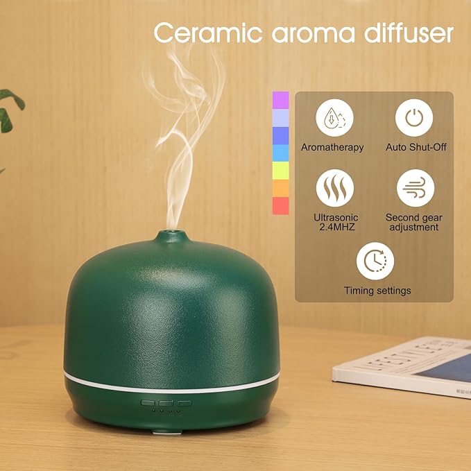 Ceramic Essential Oil Diffusers for Home Large Room, 500ml Aromatherapy Scent Air Diffuser Bedroom Ultrasonic Aroma Defusers with Timed -Green
