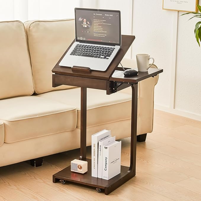 Wood Side Table for Couch - C Shaped Rolling End Table with Wheels, Wooden Modern Tv Tray Bedside Tables Nightstand for Sofa Armchair Living Room Bedroom, Black Walnut, 15.7 in x 15.7 in x 29.5 in