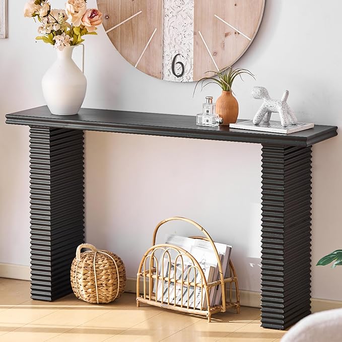 Wnutress Wood Console Table, 55.3" Long Sofa Table, Farmhouse Fluted Entryway Table for Living Room, Hallway, Entrance Foyer, Easy Assembly, Black