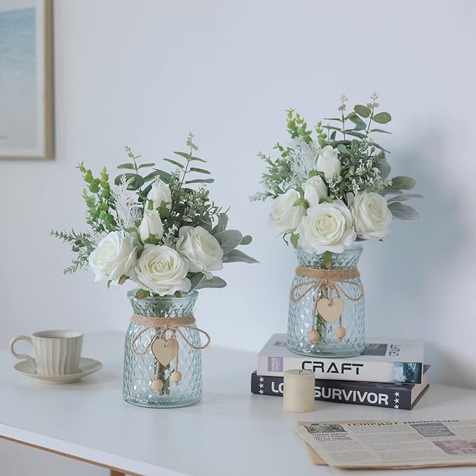 Faux Flowers with Vase,Artificial Silk Roses in Vase, Fake Plant Eucalyptus Flower Arrangement for Home Office Farmhouse Bathroom Dining Table Centerpiece Decorations Coffee Table Decor (White)
