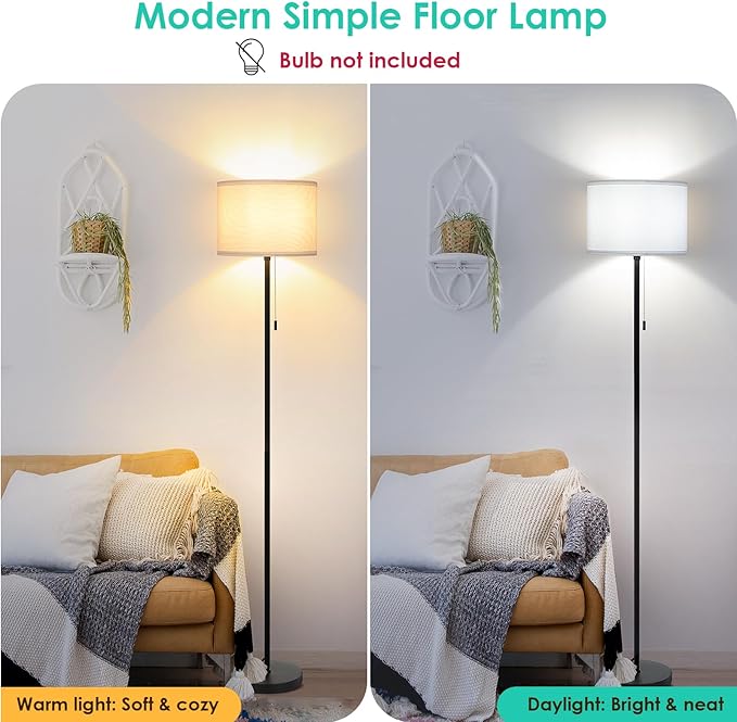 FOLKSMATE Floor Lamp for Living Room, Modern LED Simple Standing Lamps, Minimalist Tall Lamp for Bedroom, Living Room, Office, Kids Room, Reading Light, Black Pole Lamp with White Shade, Without Bulb