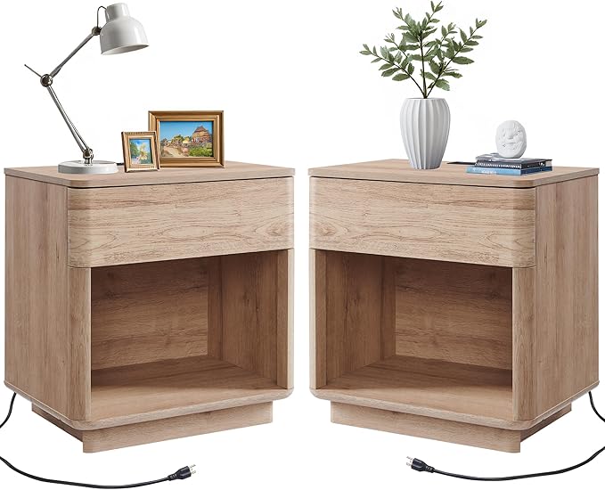 ACCOHOHO Modern Nightstand Set of 2 with Charger Station, 22" Wide Night Stand with Storage Drawer & Open Shelf, Large Bedside Table for Bedroom, Wood End Table, Curved Profile, Natural Oak