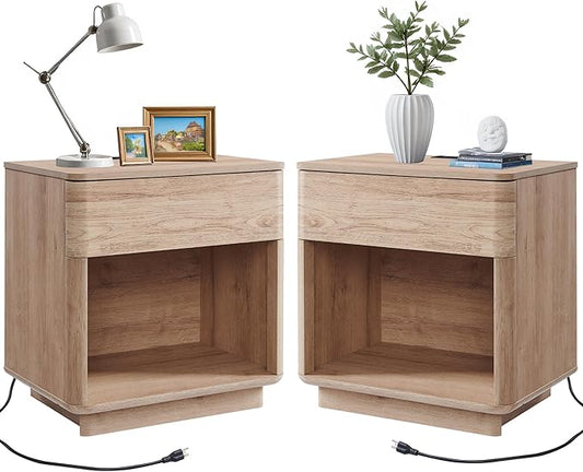 ACCOHOHO Modern Nightstand Set of 2 with Charger Station, 22" Wide Night Stand with Storage Drawer & Open Shelf, Large Bedside Table for Bedroom, Wood End Table, Curved Profile, Natural Oak