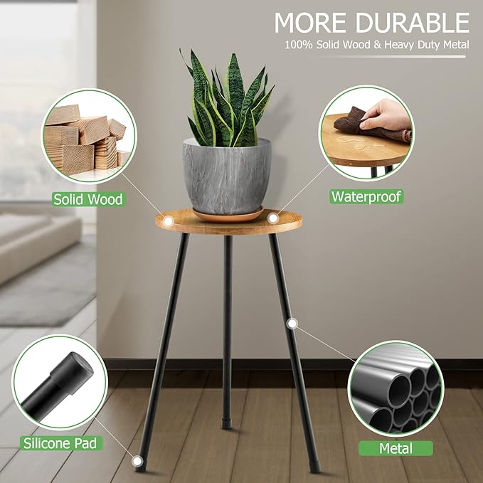 Tall Plant Stand, Mid Century Wood Indoor Plant Stand Plant Table for Flower Pots, Metal Plant Holder, Modern Home Decor Small Round Side End Table (11.8"x20")