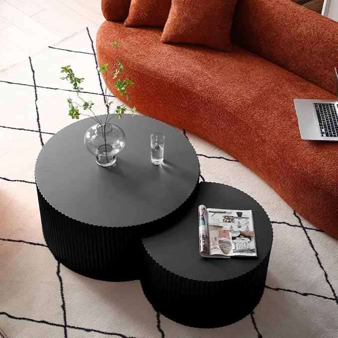 WILLIAMSPACE Nesting Coffee Table Set of 2, Round & Crescent Moon Wooden Coffee Tables, Modern Luxury Accent End Tea Table for Living Room Apartment (Black-Round)