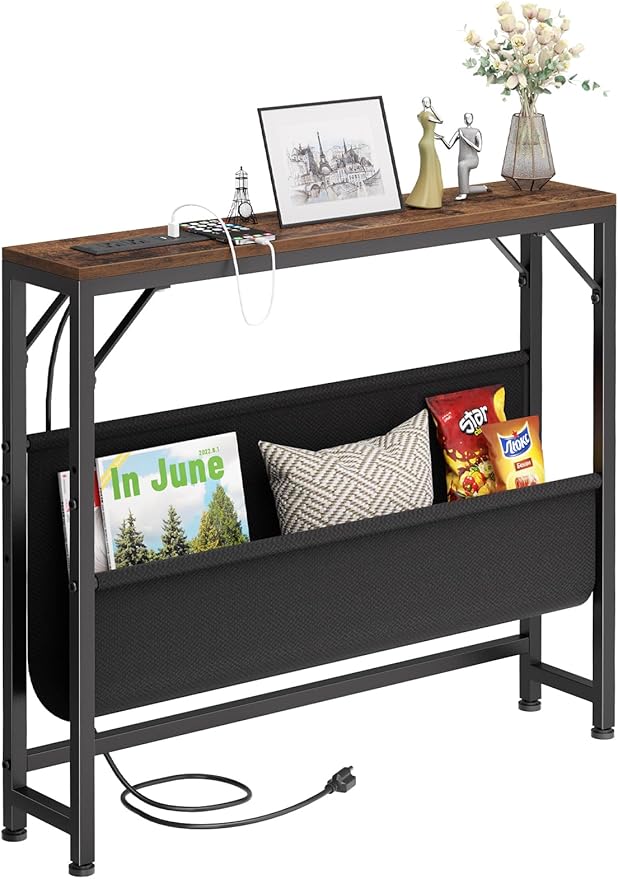 31.5'' Small Console Table with Charging Station and Storage, Narrow Sofa Table with Power Outlets, Behind The Couch Table, for Living Room, Foyer, Entryway, Hallway, Rustic Brown