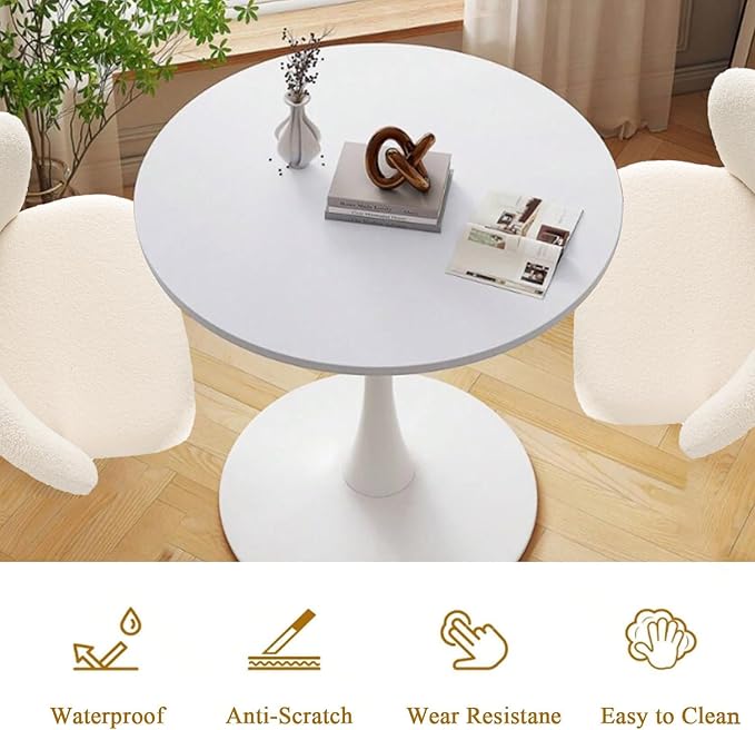 White Round Dining Table 31.5" Tulip Dining Room Tables Kitchen Dinner Circle Table 2-4 People with MDF Table Top Mid-Century Small Social Coffee Tables for Break Dining Room, Cafe, Lobby