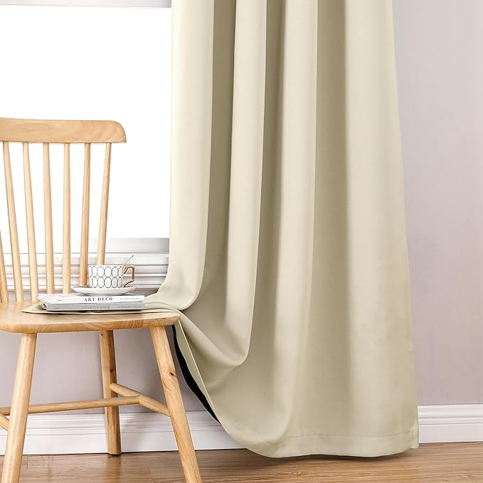 ChrisDowa 100% Blackout Curtains 54 inch Long for Bedroom with Black Liner, 2 Thick Layers Total Blackout Thermal Insulated Grommet Window Curtains 2 Panels Set (Light Beige, 52 x 54 Inch)