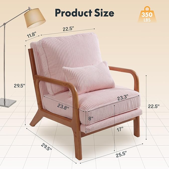 FLEXISPOT AC1 Mid Century Modern Accent Chair with Wood Frame, Corduroy Upholstered Armchair with Thickened Backrest & Lumbar Pillow, Comfy Reading Chair for Living Room, Bedroom, Balcony (Pink)