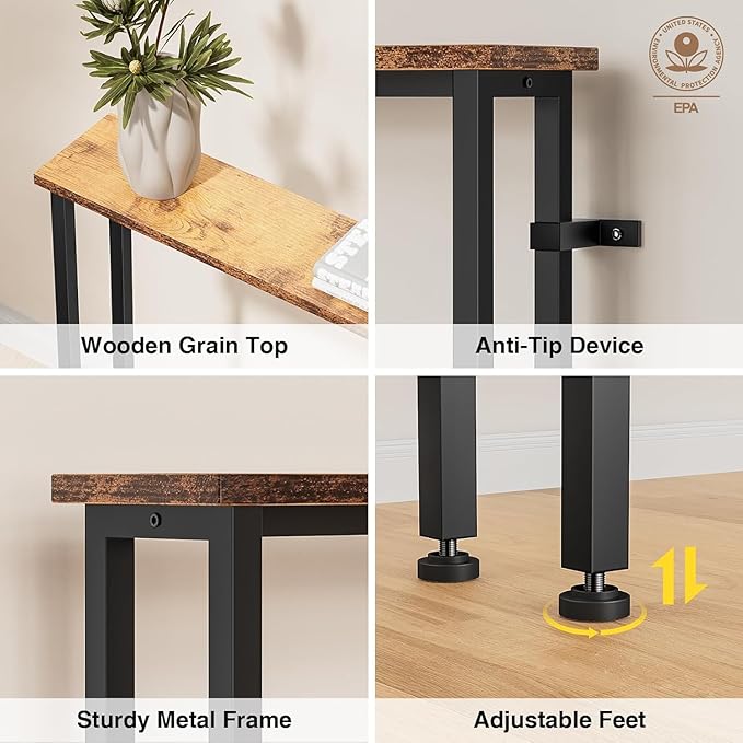 90" Narrow Sofa Table - 2 Power Outlets & 4 USB Ports, Metal Frame,Perfect for Hallway, Office, and Behind Sofa - Easy Assembly, 4.9ft Extension Cord Included Rustic Brown