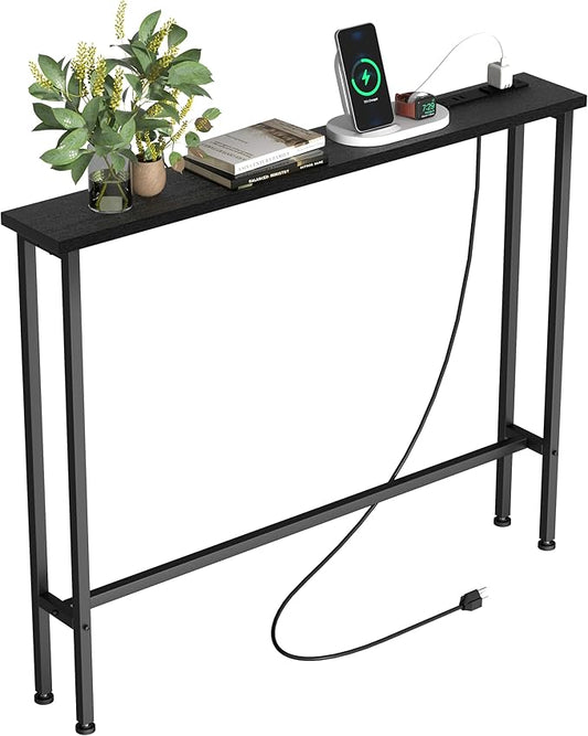 39" Sofa Table Narrow Long with Power Outlets & 2 USB Ports, Metal Frame Behind Couch Table Behind Sofa Perfect for Hallway, Living Room, Entrance - Easy Assembly, 4.9' Extension Cord Included