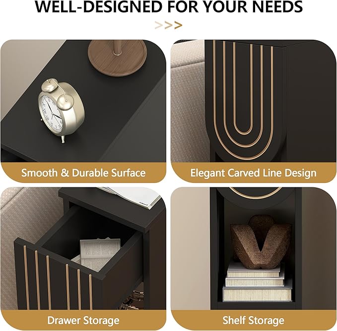 Narrow Nightstand, Black Bedside Table with Carving Lines Drawer, Mid-Century Modern Slim Side End Table for Bedroom Small Space, Wooden Small Night Stand (1, Black)