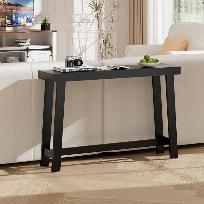 Bamboo 47.2" Narrow Console Table, Wood Farmhouse Side Table, Rectangular Entryway Table, Modern Sofa Table Behind Couch with Storage Shelves for Entrance, Living Room, Hallway, Foyer (Black