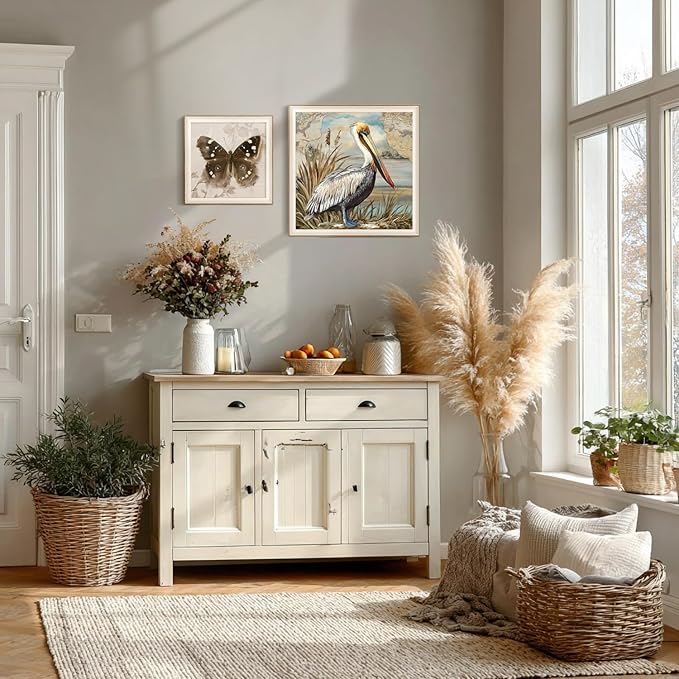 YUEYARIT Framed wall art, vintage wall decor, pelican decor, canvas printed pictures, suitable for gifts, cottagecore bedroom, bathroom, living room, and office artwork.20X20Inch