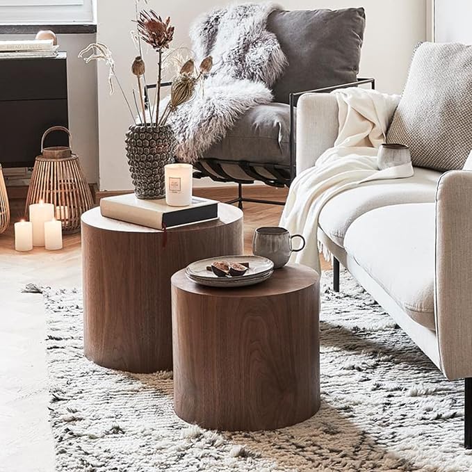 Kevinplus Modern Coffee Nesting Side End Table Set of 2, Small Round Circle Midcentury Bed Side for Living Room Bedroom Office (Walnut - Round)