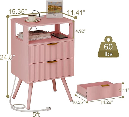 Pink Nightstand with Charging Station and LED Lights,Modern Bedside Table with 2 Storage Drawer and Open Wood Shelf, for Bedroom and Small Spaces,Night Stand with Solid Wood Legs,Pink
