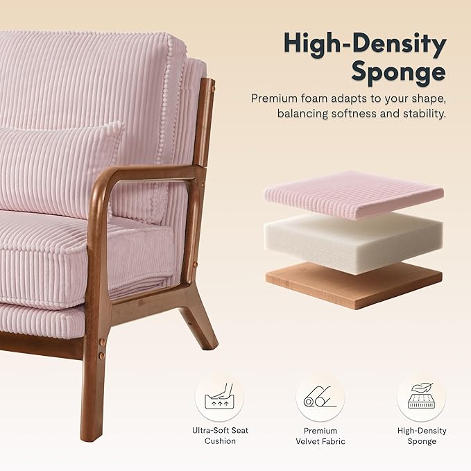 FLEXISPOT AC1 Accent Chairs Set of 2, Upholstered Mid Century Modern Corduroy Armchairs with Solid Wood Frame, Comfy Lounge Reading Chairs Farmhouse Armchairs for Living Room, Bedroom, Balcony (Pink)