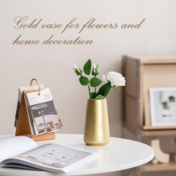 Light Gold Vase - 6" Gold Ceramic Flower vase for Home/Table/Accent Decor, Minimalist Modern Vases Ceramic for Centerpieces, Room Decor, Living Room, Bedroom or Gift