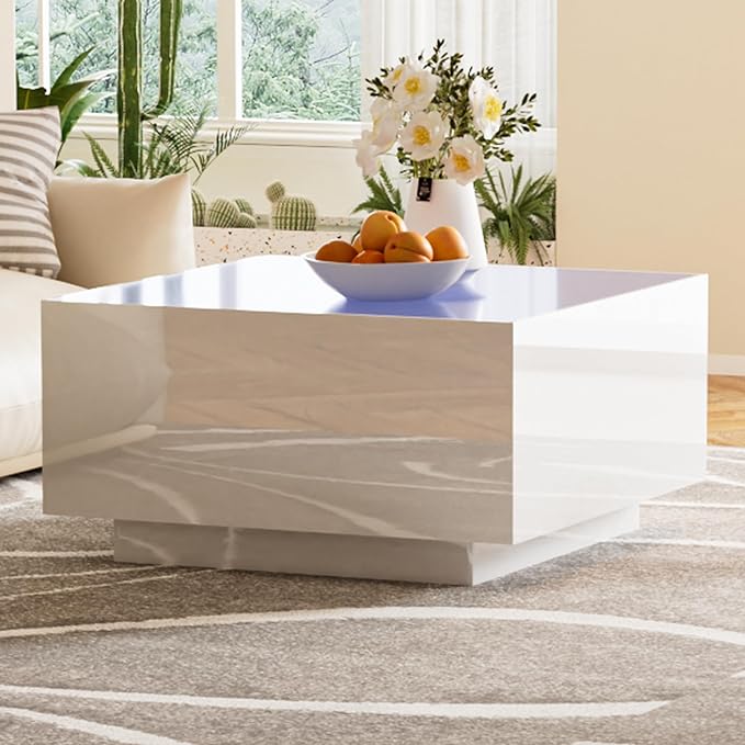 Modern White LED Coffee Table with 5mm Frosted Tempered Glass Top, High Gloss Finish, 16-Color App-Controlled Lights, Sturdy MDF Base, Easy Assembly, 27.56"x27.56"x13.78"