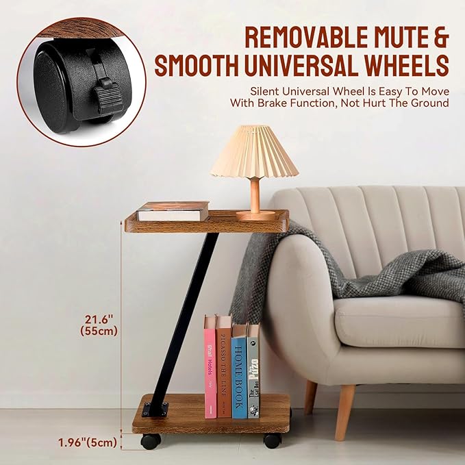 C Shaped End Table, C Shaped Side Table with Rolling Wheels, Side Table for Couches, Sofa Tables Slide Under Couch for Living Room, Over Couch TV Tray Table for Small Spaces(Walnut)