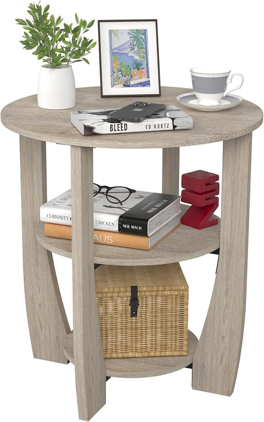 Round End Table with Storage Shelf,3 Tier Modern Side Table, Sofa Recliner Side Table,Accent Coffee Table,Nightstand for Living Room Bedroom for Small Spaces,19.7" D x 21.7" H