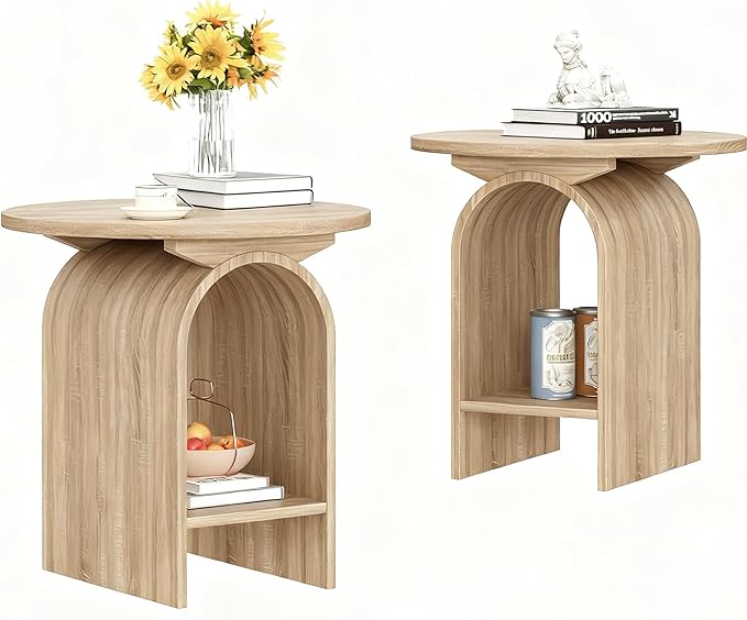 Modern Round Wooden Side Table Set of 2, Small Decorative Coffee Table Vintage Nightstand with Lower Open Shelf for Living Room, Bedroom Or Small Space, Natural X2