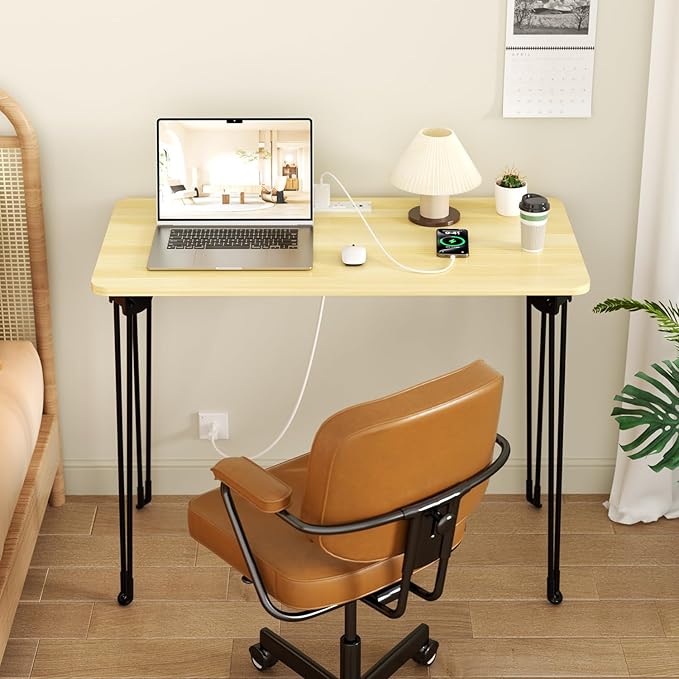 Mini Desk No Assembly Required, 31.5" Small Desk for Bedroom with Power Outlet & Hairpin Legs, 31.5" Foldable Desks for Small Spaces & Home Office, Beige Floor Patten