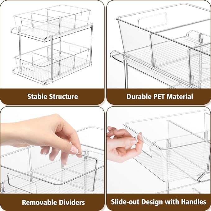 Pull-Out Home Organizers, 2 Tier Clear Bathroom Organizer with Dividers, Multipurpose Vanity Counter Tray, Kitchen, Closet Organizers and Storage Container Bins for Cabinet, Pantry
