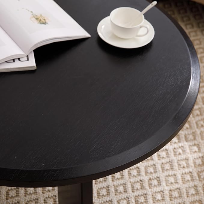 32" Round Coffee Table, Large Solid Wood French Country Accent Table, Farmhouse Side Table for Family/Office/Living Room/Sofa Couch End/Bedroom, Black