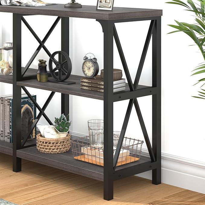IBF Modern Entryway Table, Rustic Sofa Table Behind Couch, Industrial Metal Wood Console Table with Storage Shelves, 3 Tier Foyer Hallway Table for Entry Living Room Bedroom, Dark Gray Oak, 47 Inch