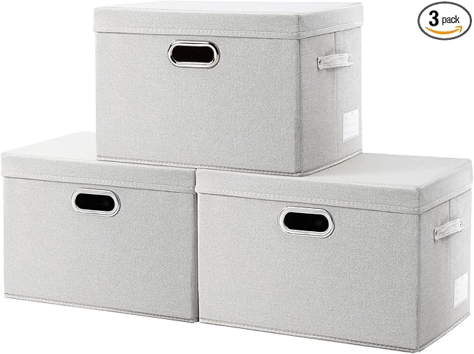 PRANDOM Large Collapsible Storage Bins with Lids [3-Pack] Fabric Foldable Storage Boxes Organizer Containers Baskets Cube with Cover for Home Bedroom Closet Office Beige(17.3x11.8x11.8)