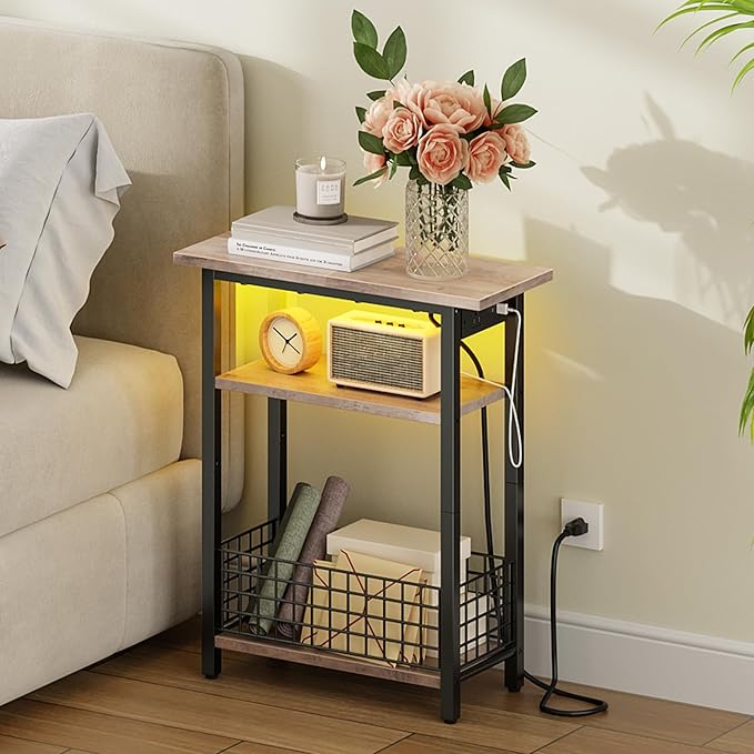 HOOBRO Narrow Side Table with Charging Station and LED Light, Small End Table with Storage, Skinny Nightstand with USB Port, Slim Bedside Table for Small Spaces, Living Room, Greige BG242UDBZ01