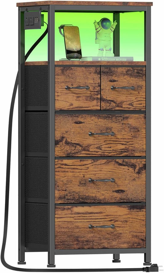 Furnulem Dresser for Bedroom, Tall Nightstand, Vertical Chest with Wood Top, Charging Station, LED Lights, 5 Fabric Bins, Bedside Table with Shelf, Furniture for Entryway (5 Drawer, Rustic Brown)