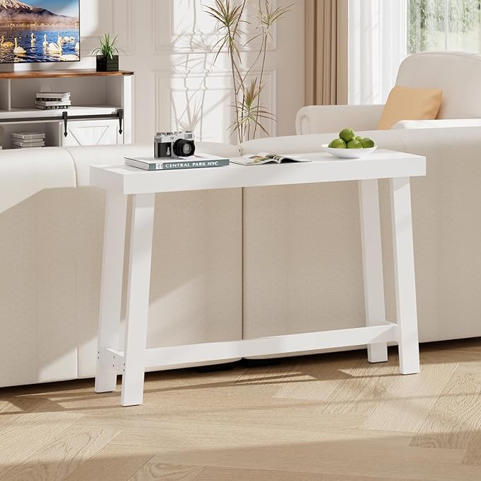 Bamboo 47.2" Narrow Console Table, Wood Farmhouse Side Table, Rectangular Entryway Table, Modern Sofa Table Behind Couch with Storage Shelves for Entrance, Living Room, Hallway, Foyer (White)