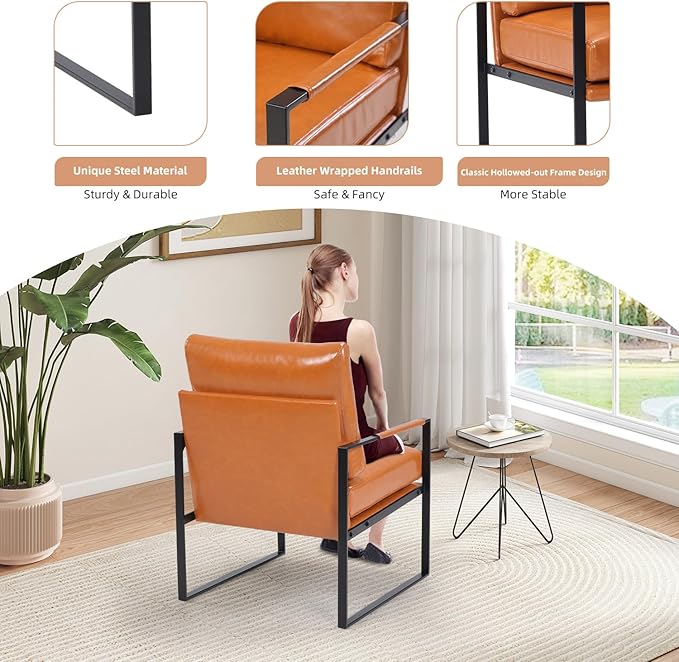 INZOY Mid Century Modern Accent Chair with Removable Cushions Set of 2, Comfy PU Leather Living Room Chairs with Thicker Backrest and Cushion, Metal Frame Design, Brown