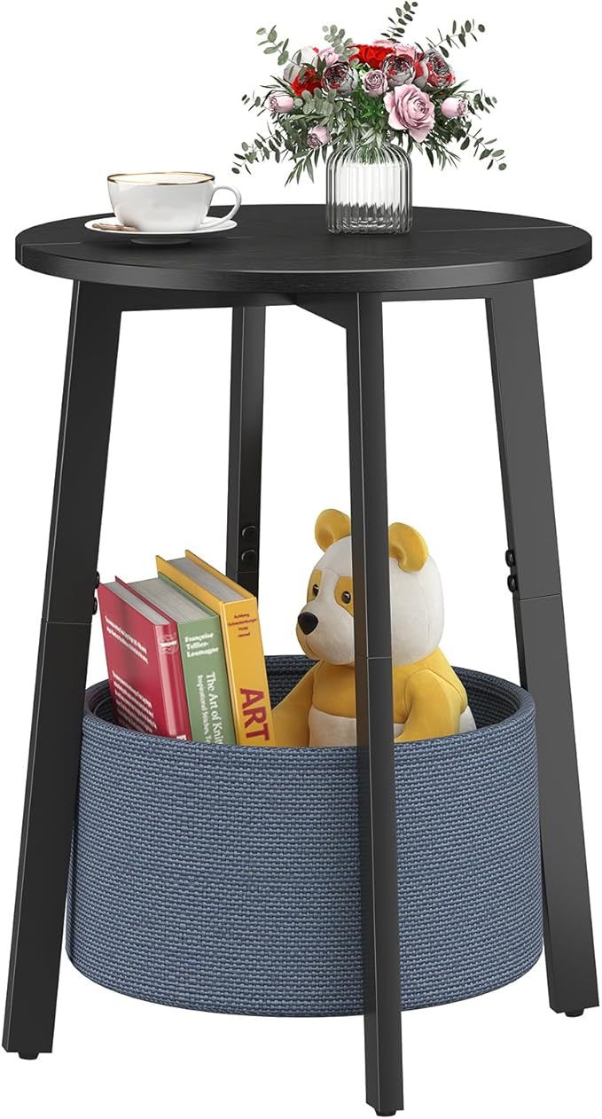 Small Round Side End Table with Cloth Storage Basket, Round Bedside Sofa Couch Coffee Tables for Small Places with Metal Frame, Modern Nighstands for Living Room Bedroom, Black