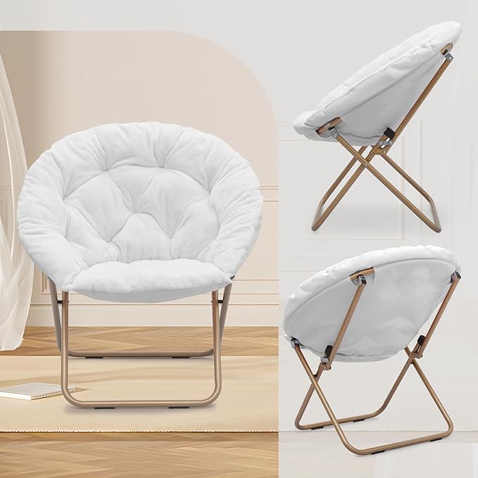 Athena Collection Modern White Faux Fur Saucer Chair with Ottoman, Foldable, Comfy Accent Chair for Bedroom, Living Room, Outdoor, 300lbs Weight Capacity