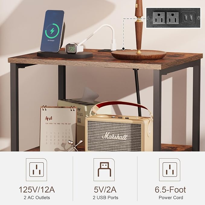 X-cosrack Side Table with Charging Station, End Table with USB Ports and Outlets, Nightstand with Storage Shelves for Small Space, Sofa Couch Table Bedside Table for Living Room Bedroom