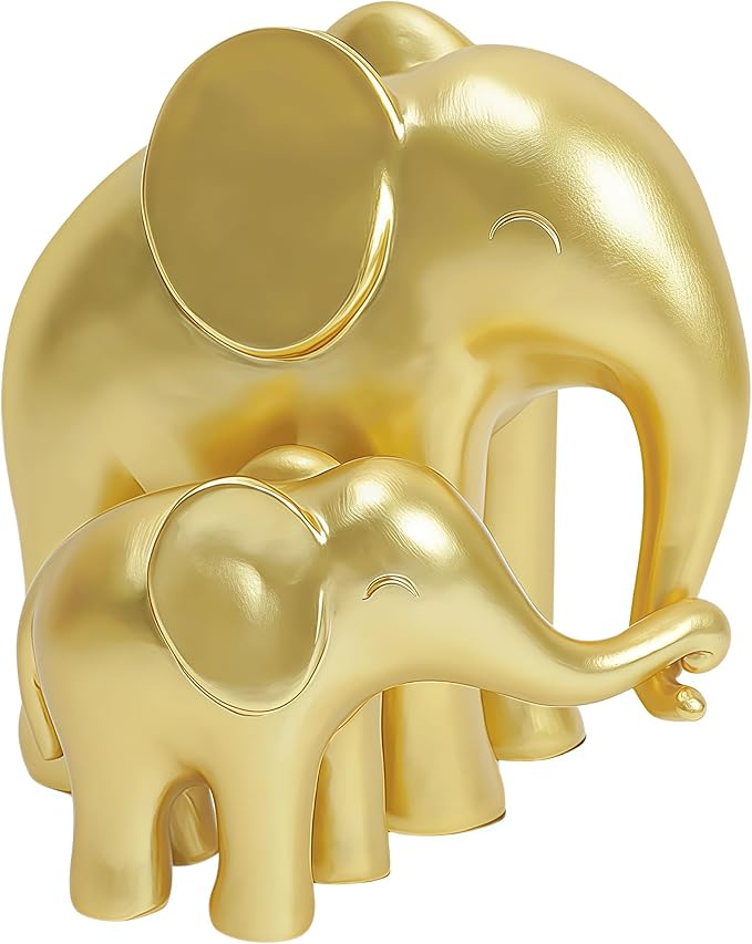 Elephant Figurines Gold Home Decor-Mom and Baby Elephant Statues,House Decorations Living Room,Modern Style Sculptures for Table Bookshelf Office Desktop TV Stand Decor,Gift for Women