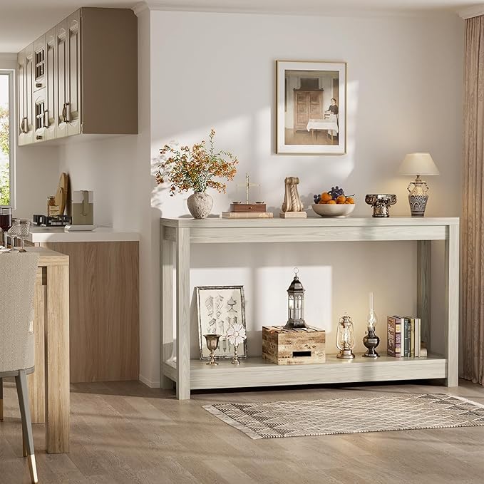 47" Farmhouse Wood Entryway Table Narrow Console Table with Storage Behind Couch Sofa Table with Shelves Entry Way Table with Open Storage, Easy Assembly, Classical Washed Oak