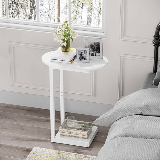 Hosfais Small Side Table End Table, C Shaped Oval Coffee Table, Wooden TV Tray for Living Room, Bedroom, Couch, Small Spaces (White)