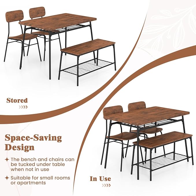 Tangkula Dining Table Set for 4, Square Kitchen Table & Chair Set w/Storage Rack, Metal Frame, Space-Saving Dinette Furniture Set with Bench for Breakfast Nook, Dining Room, Small Places