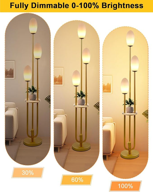 Lightdot Gold Dimmable Floor Lamp with Table, 63IN Mid-Century Oval Floor Lamps with 3000K Soft Warm White Bulbs, 3-Lights Candle Holder Style Modern Tall Standing Lamp for Living Room