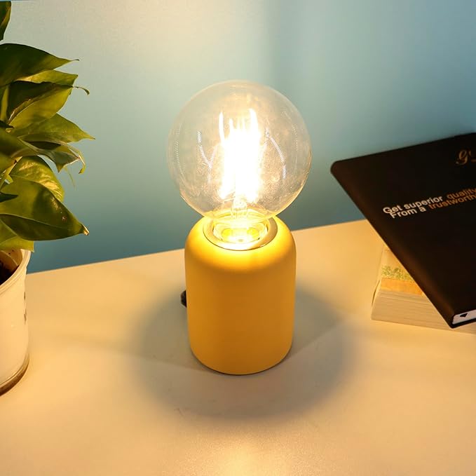 Mini Modern Yellow Concrete Bedside Table Lamp, 3.5 x 3.5 x 8.5 Inch Nightstand Lamps, with Spherical Bulb Round Side Table Lamp for Bedroom Living Room Entryway Table Lamps
