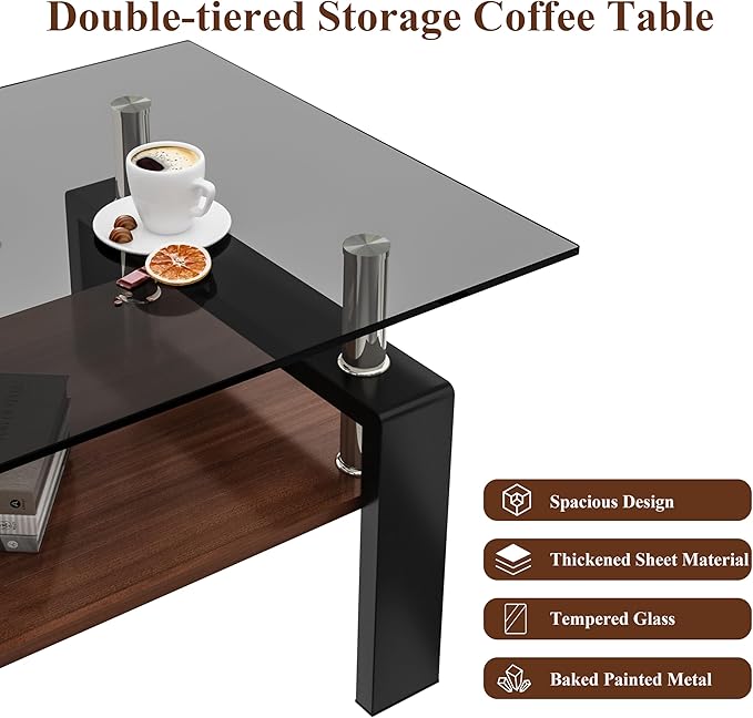 Modern Coffee Table with Tempered Glass Top, MDF Shelf and Metal Legs, Two-Tier Living Room Table, Sturdy Coffee Table for Small Spaces, Lounge, or Office (Grey Glass+Brown+Black)