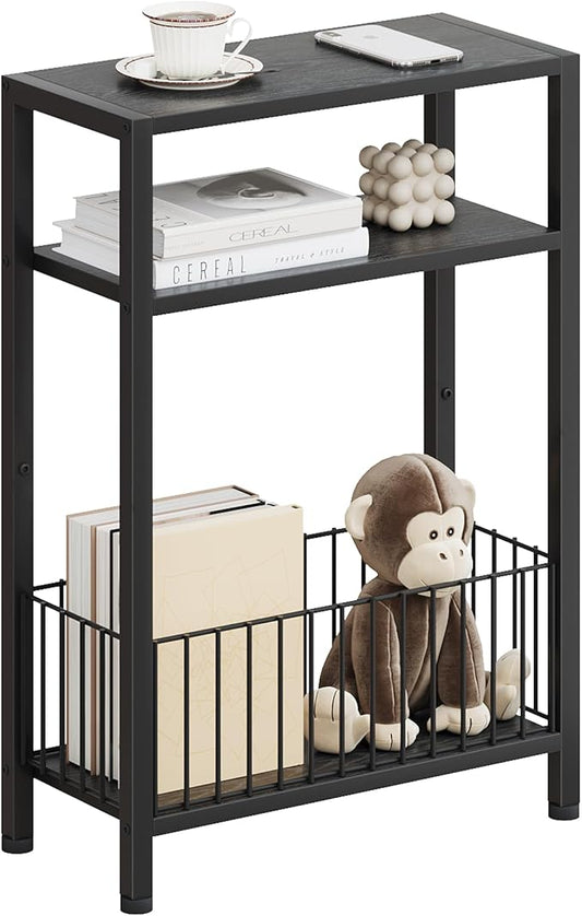 Narrow Side Table with Storage Basket, Small End Table for Small Spaces, Slim Sofa Table for Living Room, 3 Tier Bedside Table for Bedroom, Black