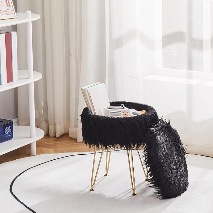 Mxfurhawa Faux Fur Storage Ottoman Round Furry Vanity Stool Marble Grain Tray Coffee Table Compact Footrest Stool with 4 Metal Legs Soft Makeup Seat Foot Stools for Living Room Bedroom Entryway Black