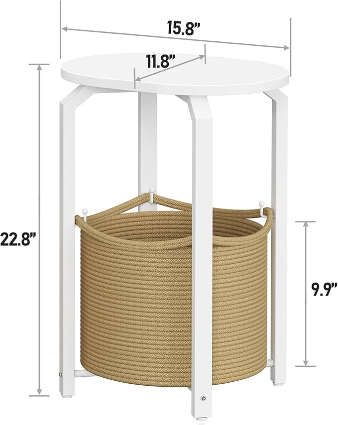 TUTOTAK Small Side Table, Oval End Table, Night Stand, Bedside Table, Sofa Table with Storage Basket, Living Room, Bed Room, White and Beige TB01BWN093